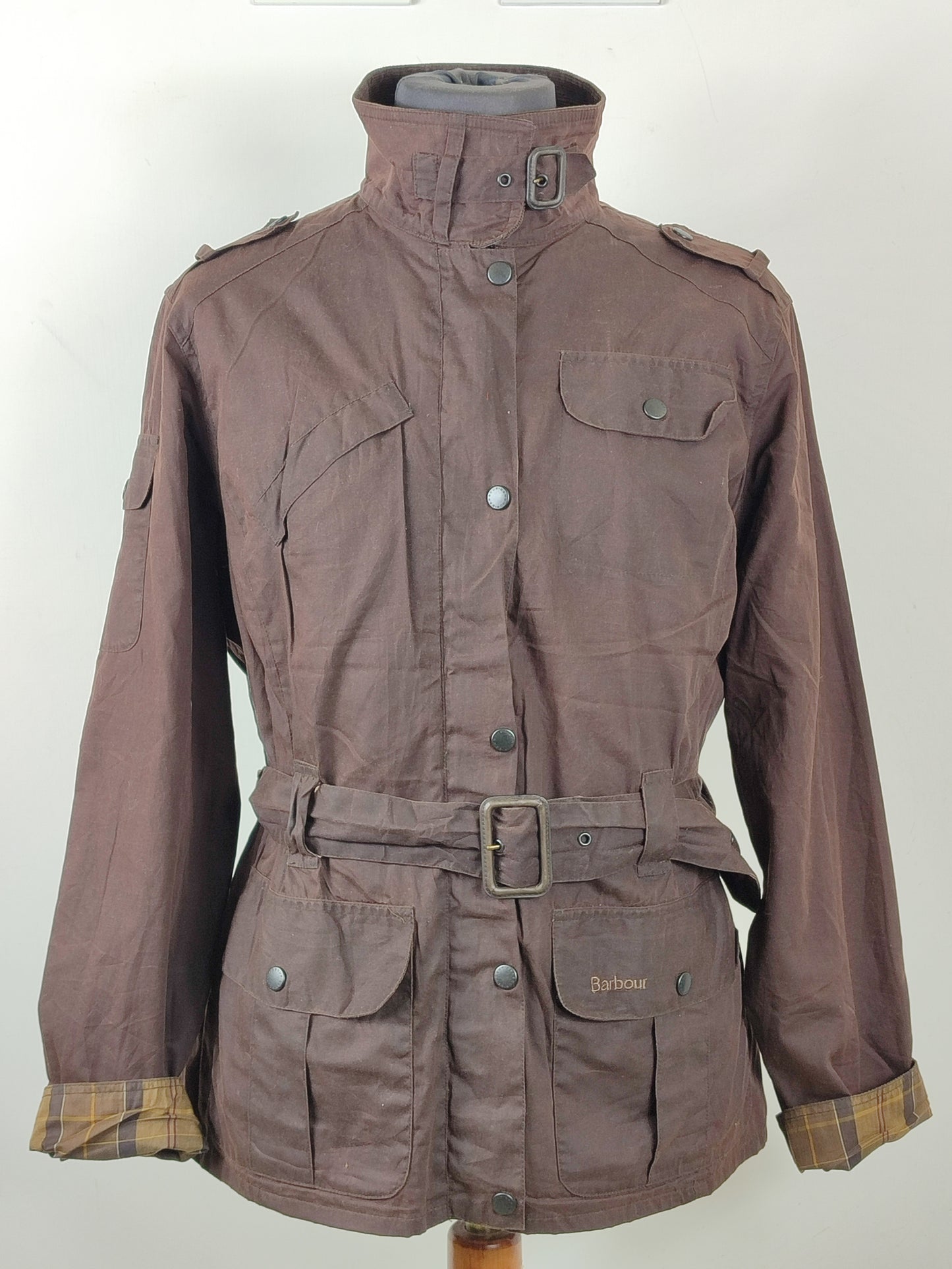 Barbour marrone unisex corto cerato con cintura tg.44/46 Brown Flyweight Wax Brown Amelia uk16