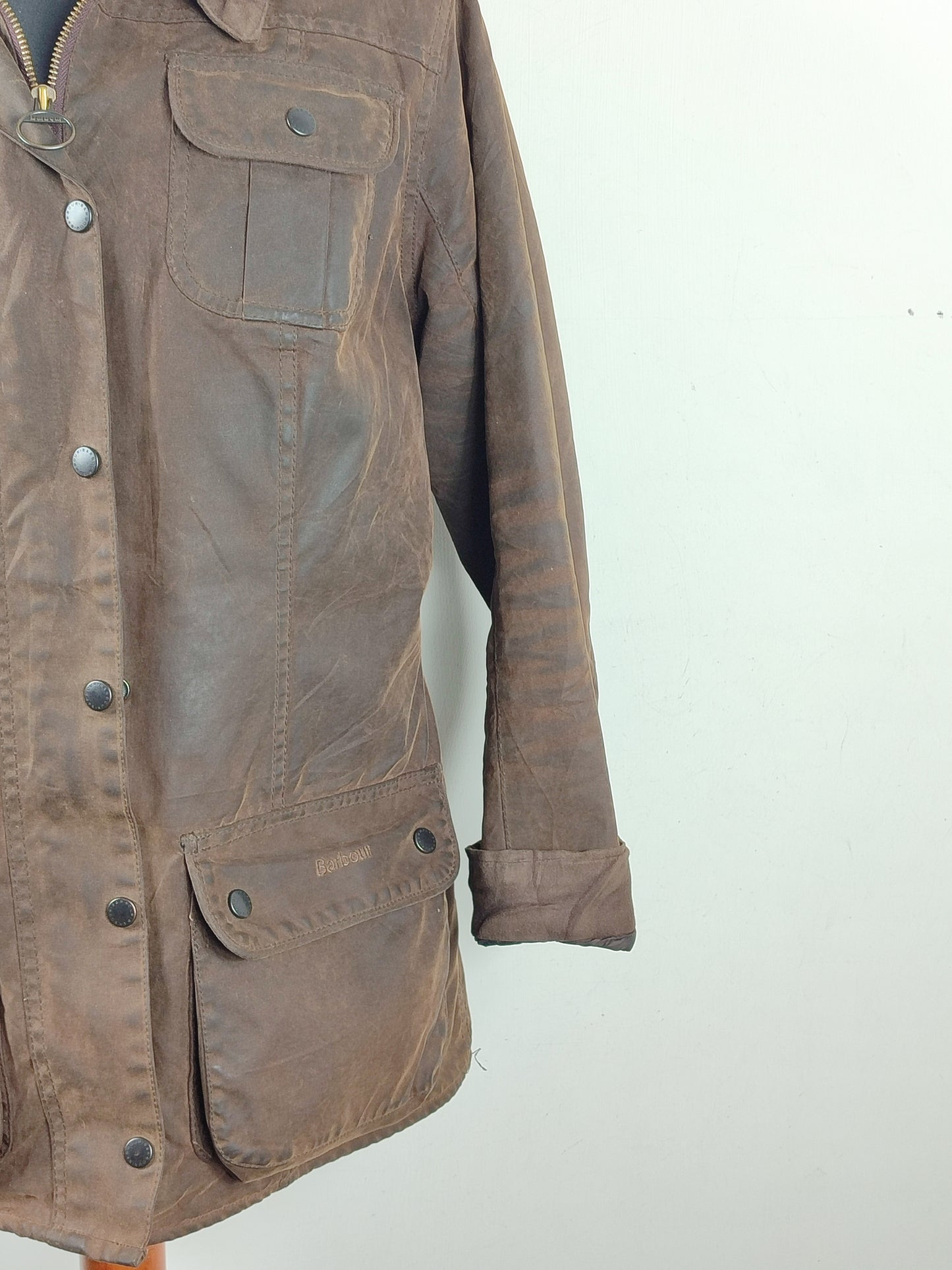 Barbour Giacca corta marrone Fur Trim Utility Tg. 44 Lady Brown Utility wax Jacket size uk14