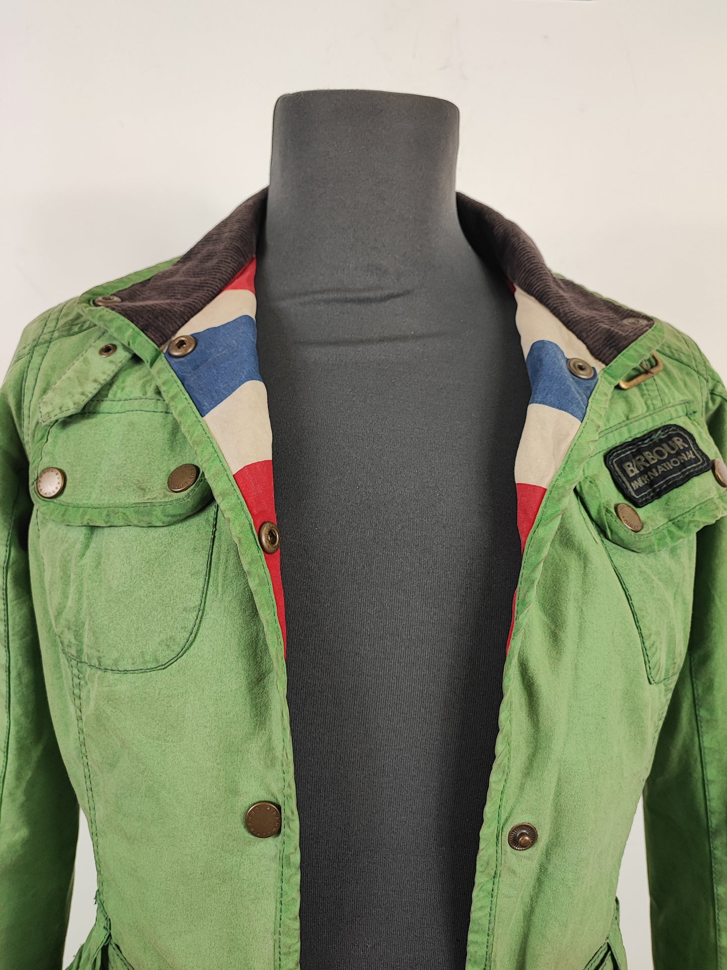 Giacca Barbour International Donna verde XSMALL UK8 -Green Lady International Union Jack jacket UK8 XSmall