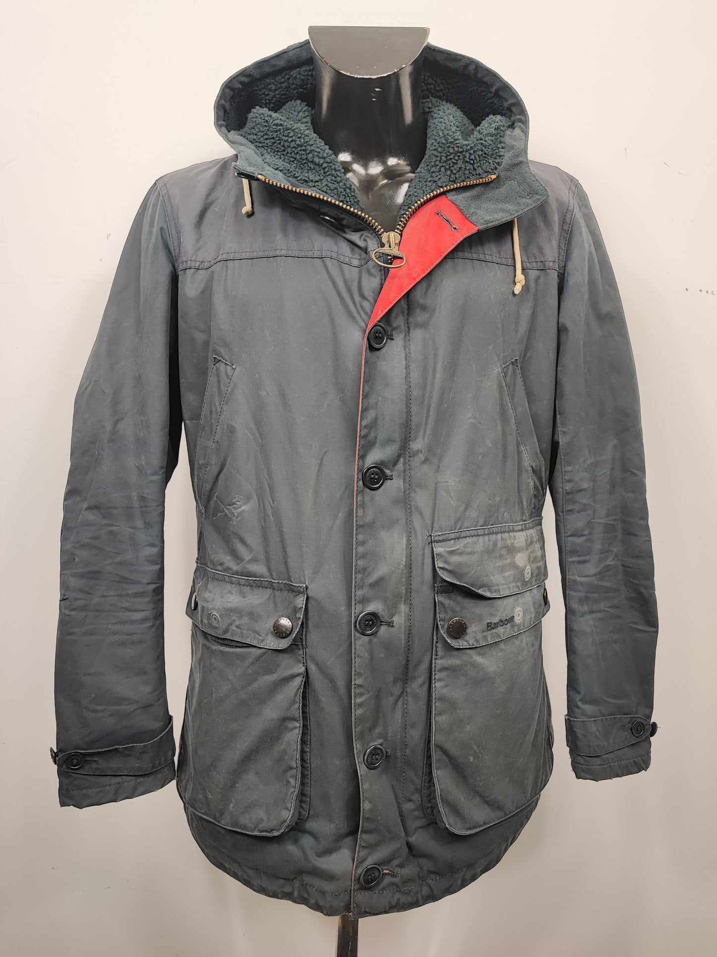 GameParka Barbour blu con cappuccio Medium- Man Wax Navy Game Parka Size Medium